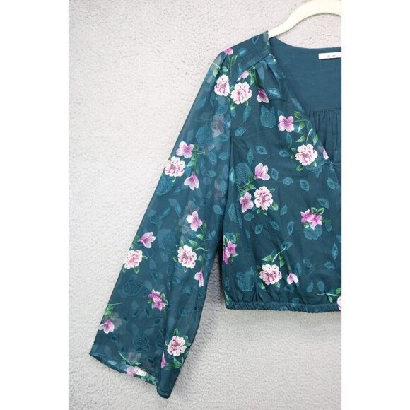 Mi Ami Long Sheer Puff Sleeve Cropped Floral Top-Medium-Elastic Waist-BOHO - Picture 3 of 11